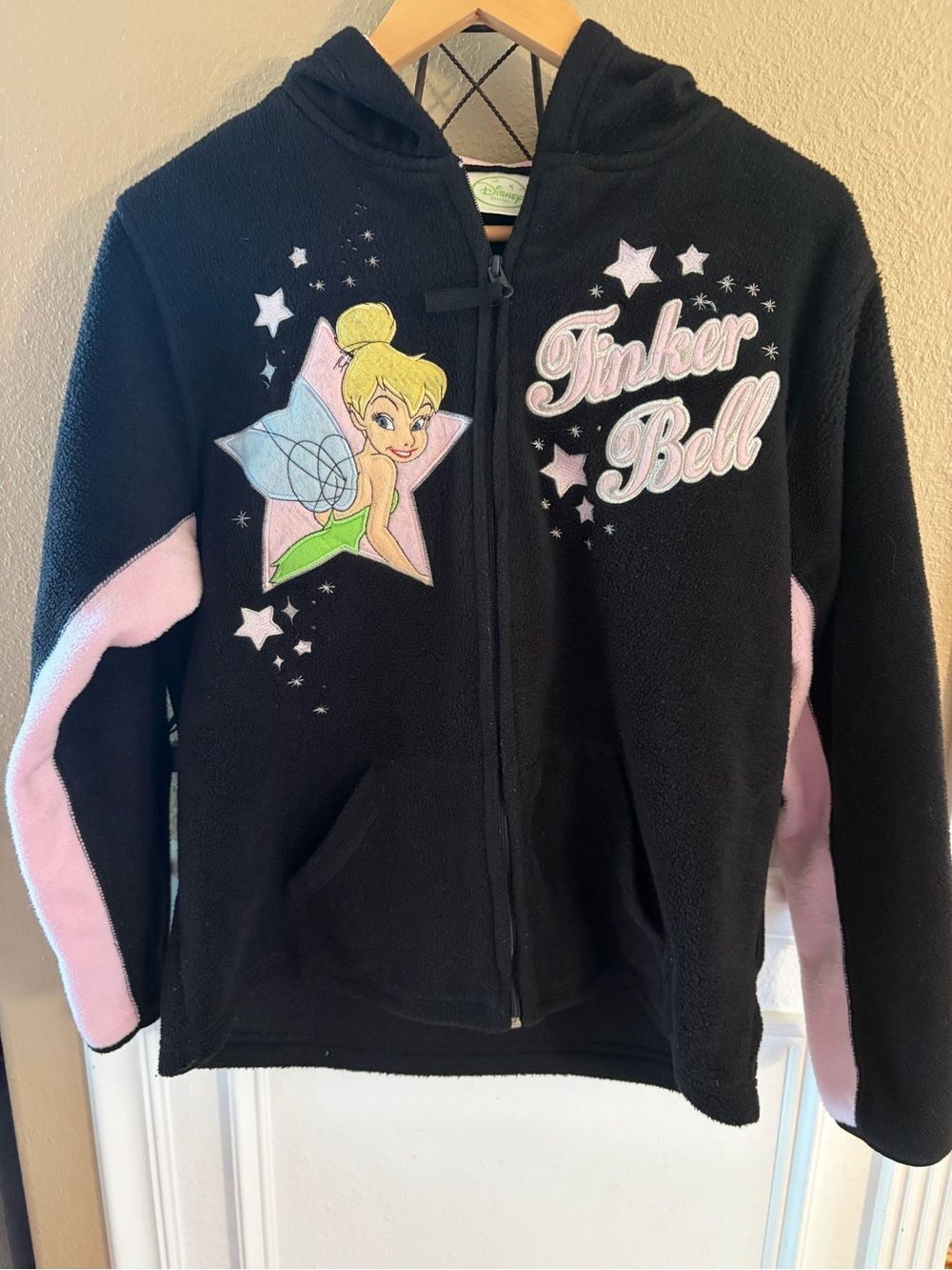 Women’s Black and Pink Fleece Disney Fairies Tinkerbell Zip Up Sweatshirt M VTG